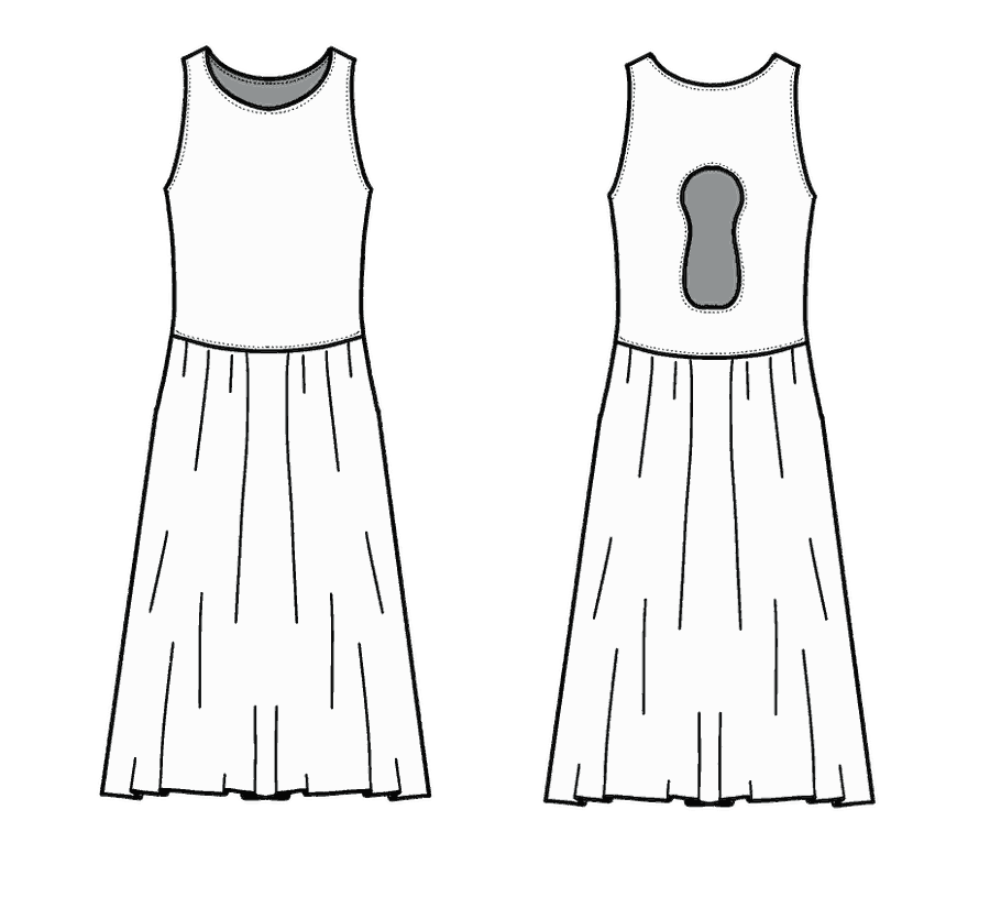 Technical flat, front and back, of the keyhole tank dress &mdash; style 01
