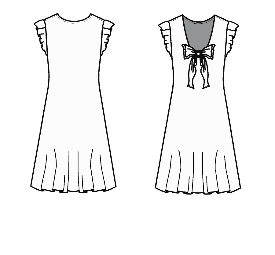 Technical flat, front and back, of the bow-back pleat dress &mdash; style 02