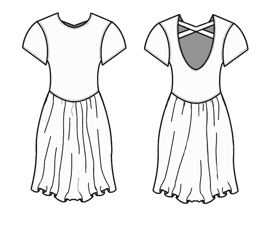 Technical flat, front and back, of the cross-back twirl dress &mdash; style 03