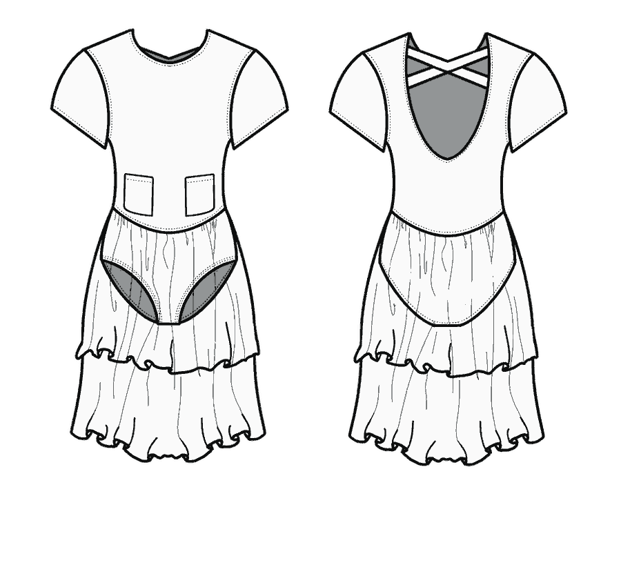 Technical flat, front and back, of the mesh-tier pocket dress &mdash; style 04