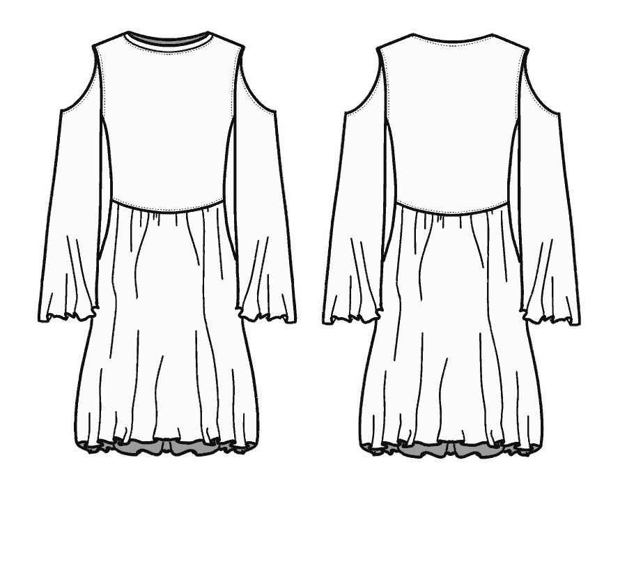Technical flat, front and back, of the open-shoulder bell dress &mdash; style 05