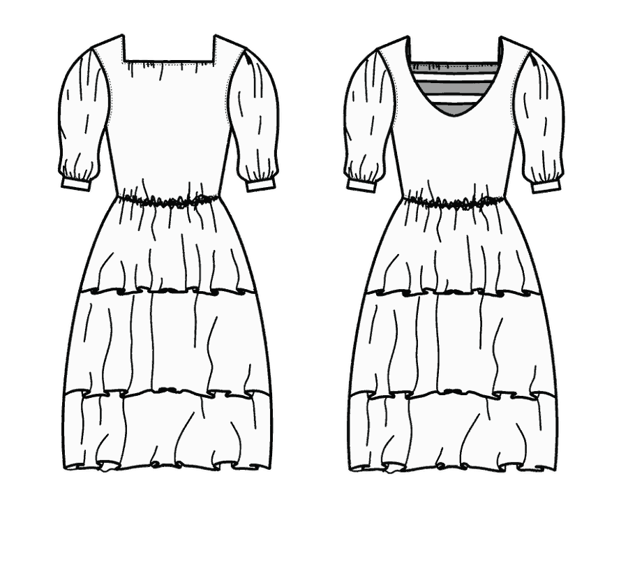 Technical flat, front and back, of the square-neck tiered dress &mdash; style 06