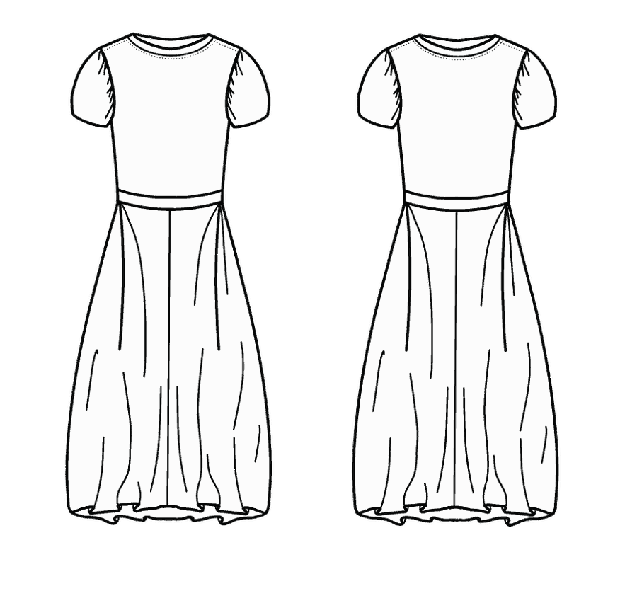 Technical flat, front and back, of the long balloon dress &mdash; style 08