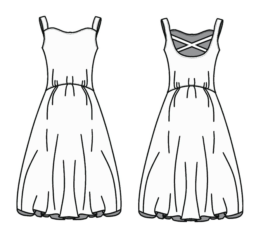 Technical flat, front and back, of the sweetheart balloon dress &mdash; style 09