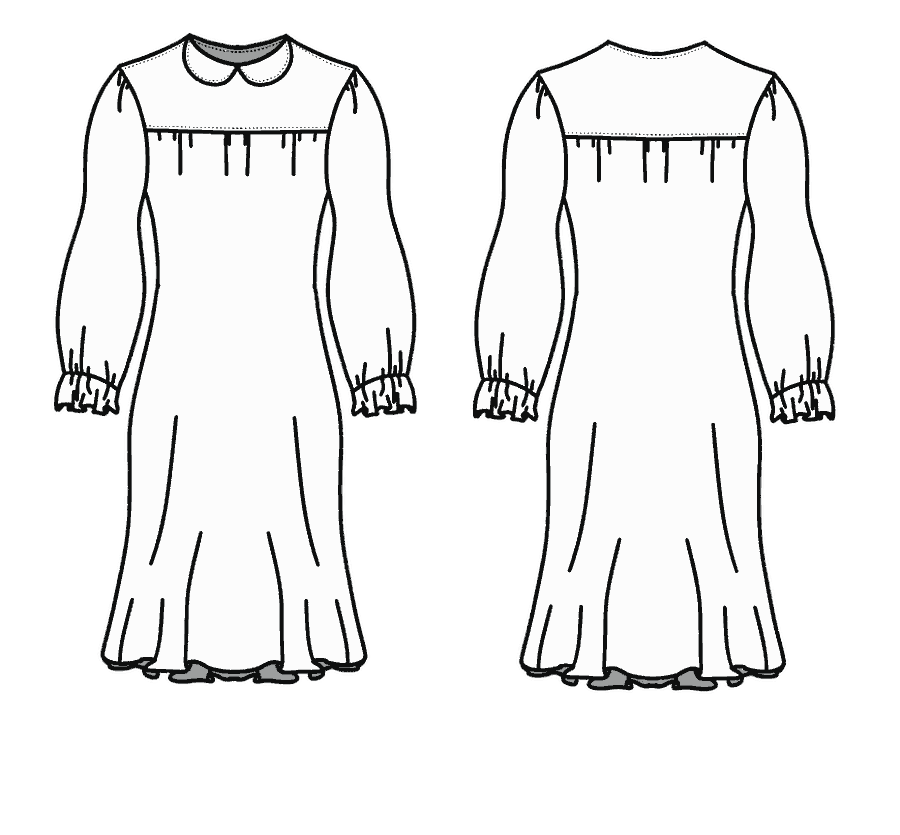 Technical flat, front and back, of the collar & cuff dress &mdash; style 10