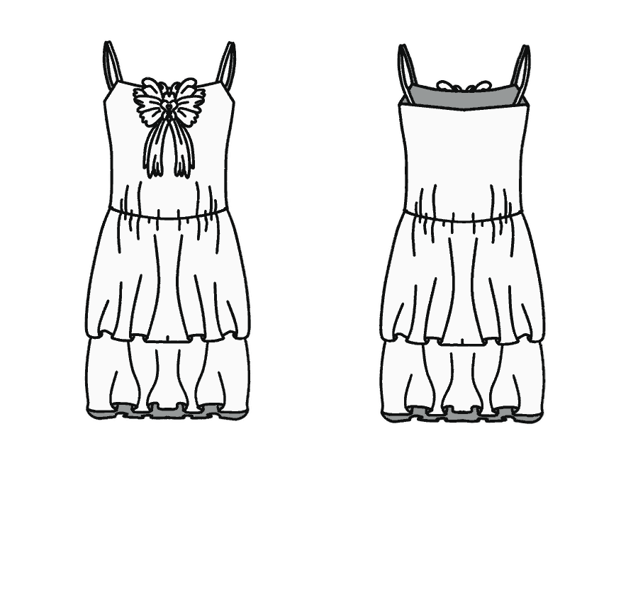 Technical flat, front and back, of the ribbon tier dress &mdash; style 11