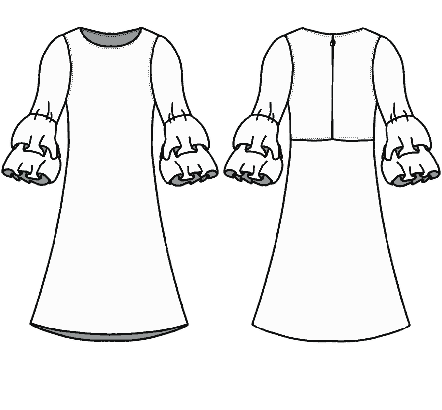 Technical flat, front and back, of the ruffle-cuff shift &mdash; style 12