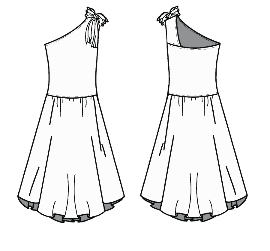 Technical flat, front and back, of the knot-shoulder dress &mdash; style 13