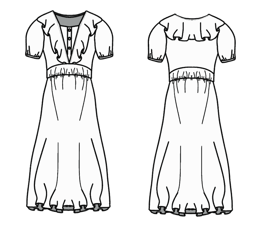Technical flat, front and back, of the ruffle placket dress &mdash; style 14