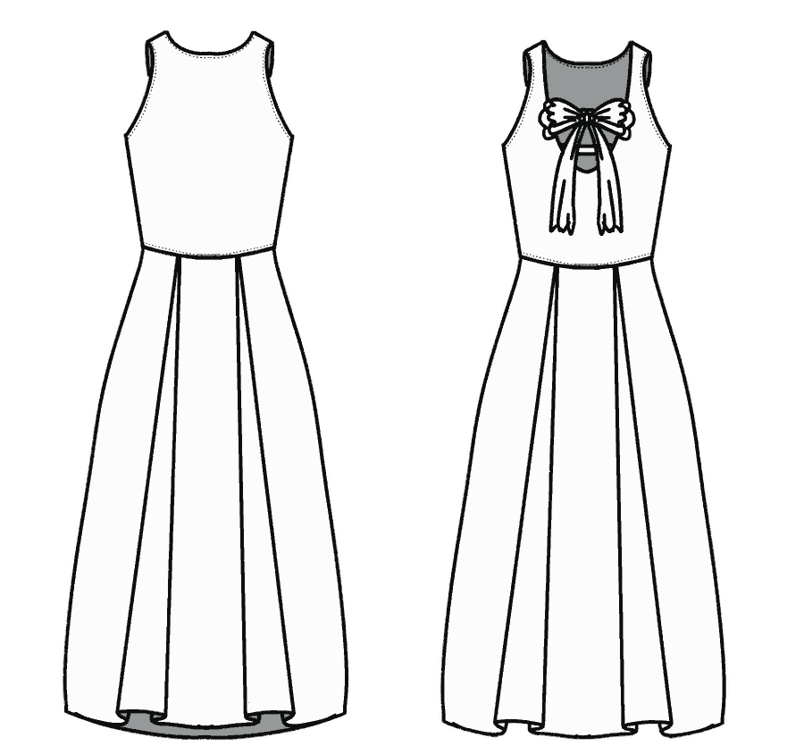 Technical flat, front and back, of the high-neck bow dress &mdash; style 16