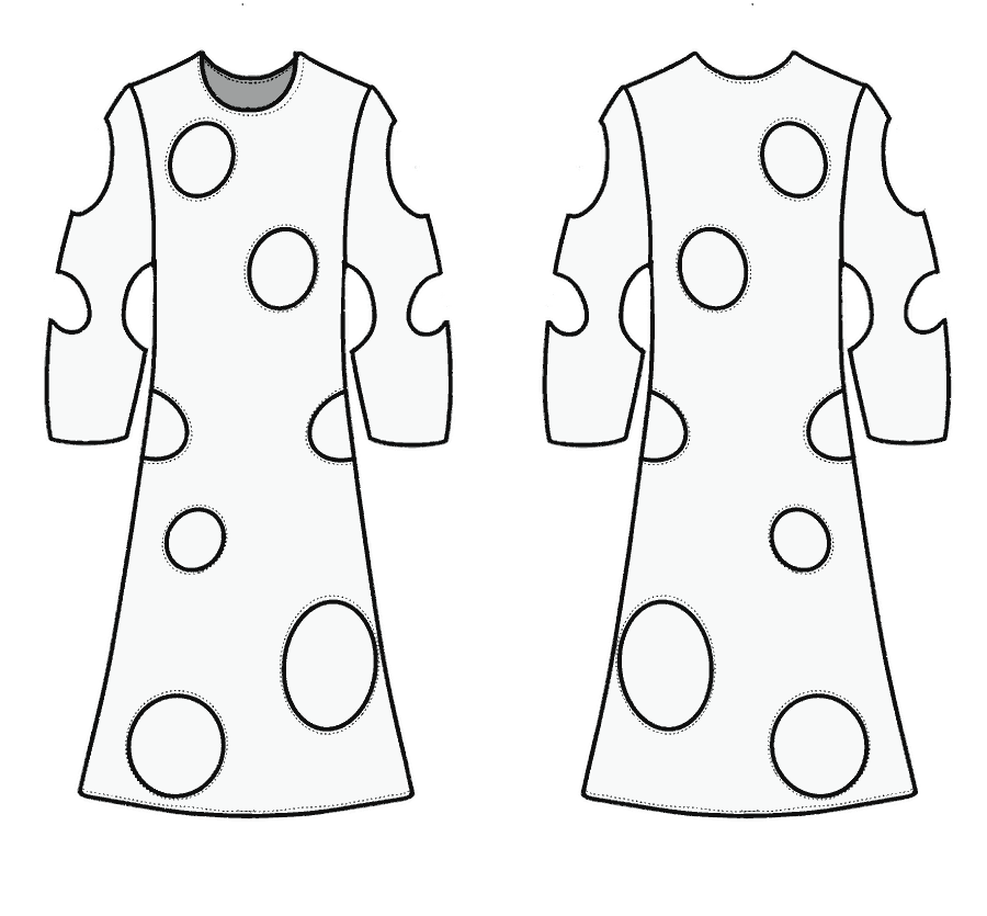 Technical flat, front and back, of the reverse patch dress &mdash; style 17