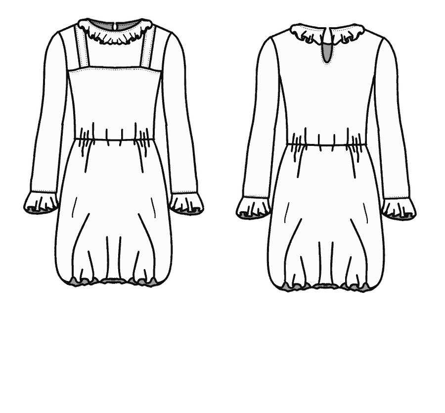 Technical flat, front and back, of the ruffle-neck bubble dress &mdash; style 18