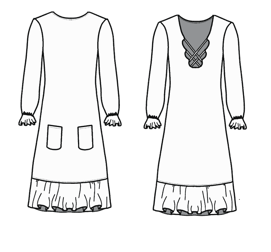 Technical flat, front and back, of the pocket ruffle-hem dress &mdash; style 20