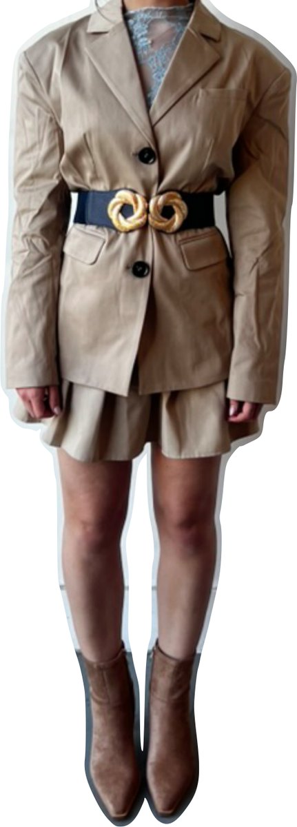 Fitting record: belted tailored jacket over matching shorts with ankle boots