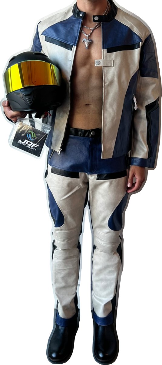 Fitting record: two-tone motorcycle leathers with helmet
