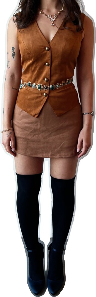 Fitting record: suede waistcoat and skirt with concho belt and knee socks