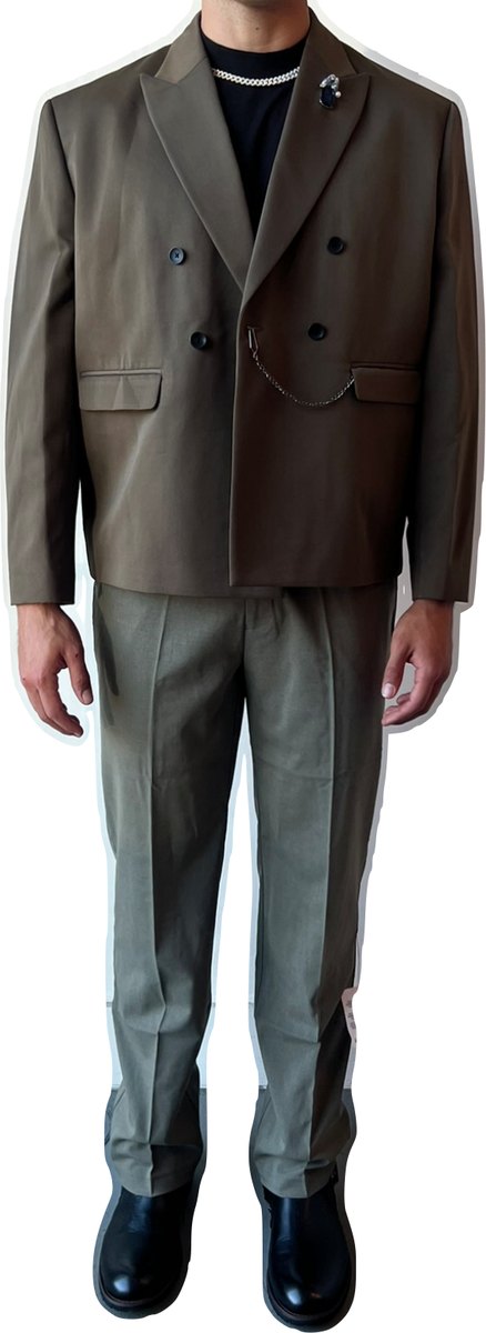 Fitting record: olive double-breasted suit with tie