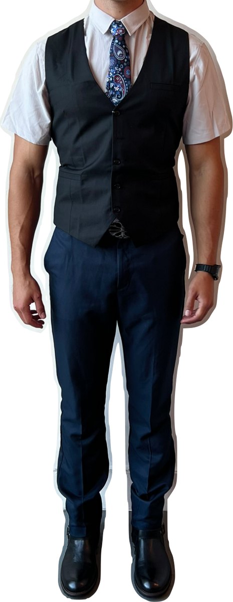 Fitting record: navy waistcoat and tie over rolled shirtsleeves