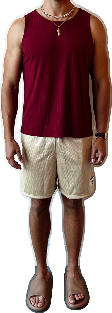 Fitting record: burgundy sleeveless top with stone shorts
