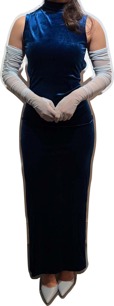 Fitting record: navy column gown with opera gloves