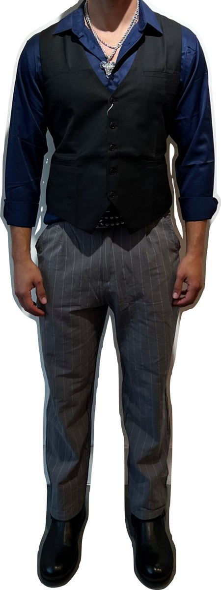 Fitting record: grey waistcoat and trousers over navy shirt