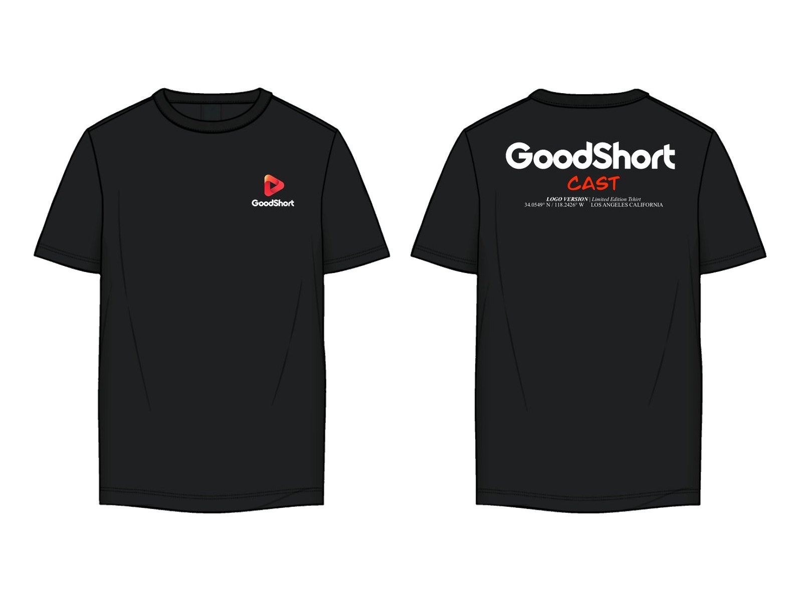 Technical flat, cast tee, black, front and back