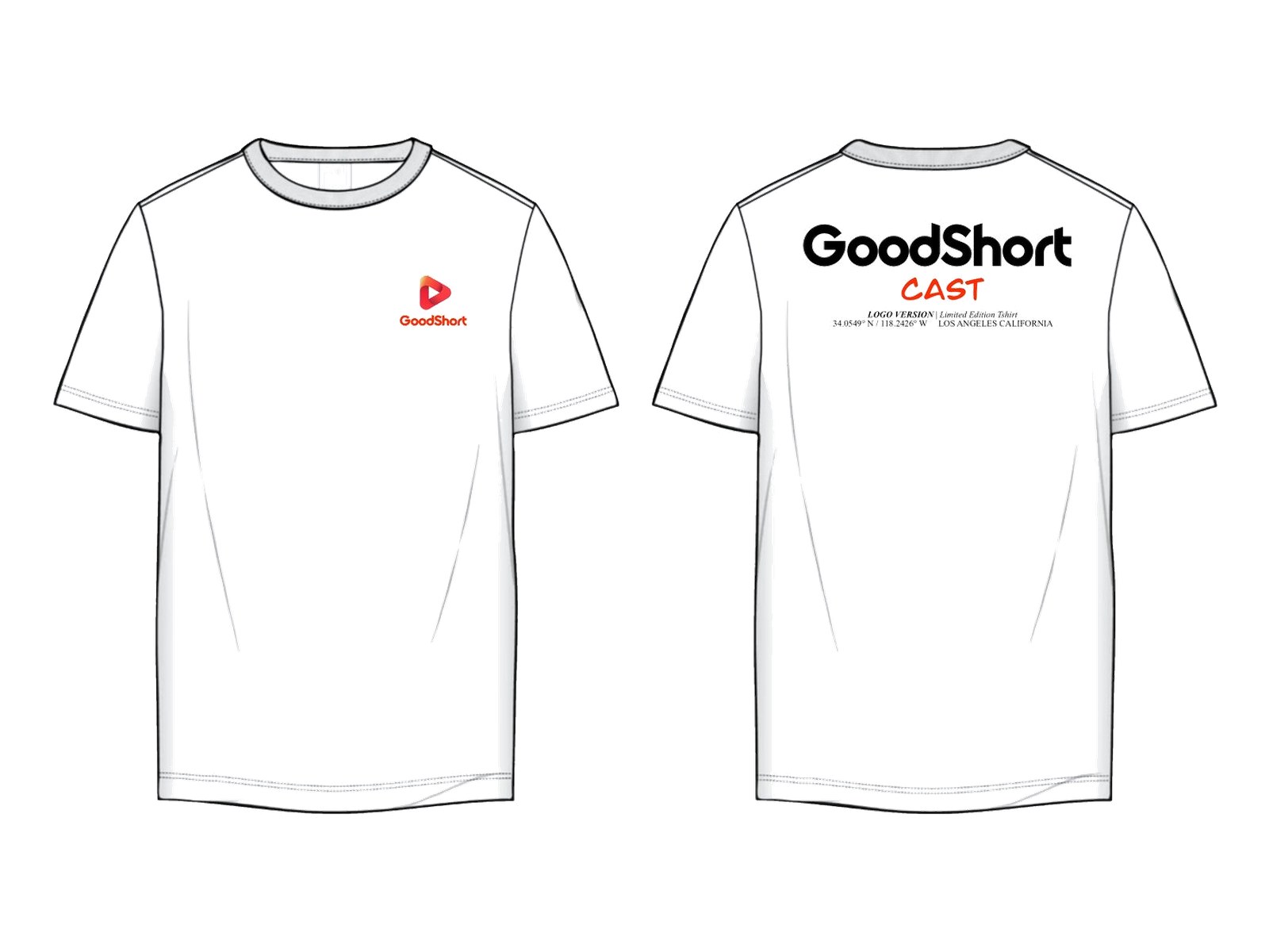 Technical flat, cast tee, white, front and back