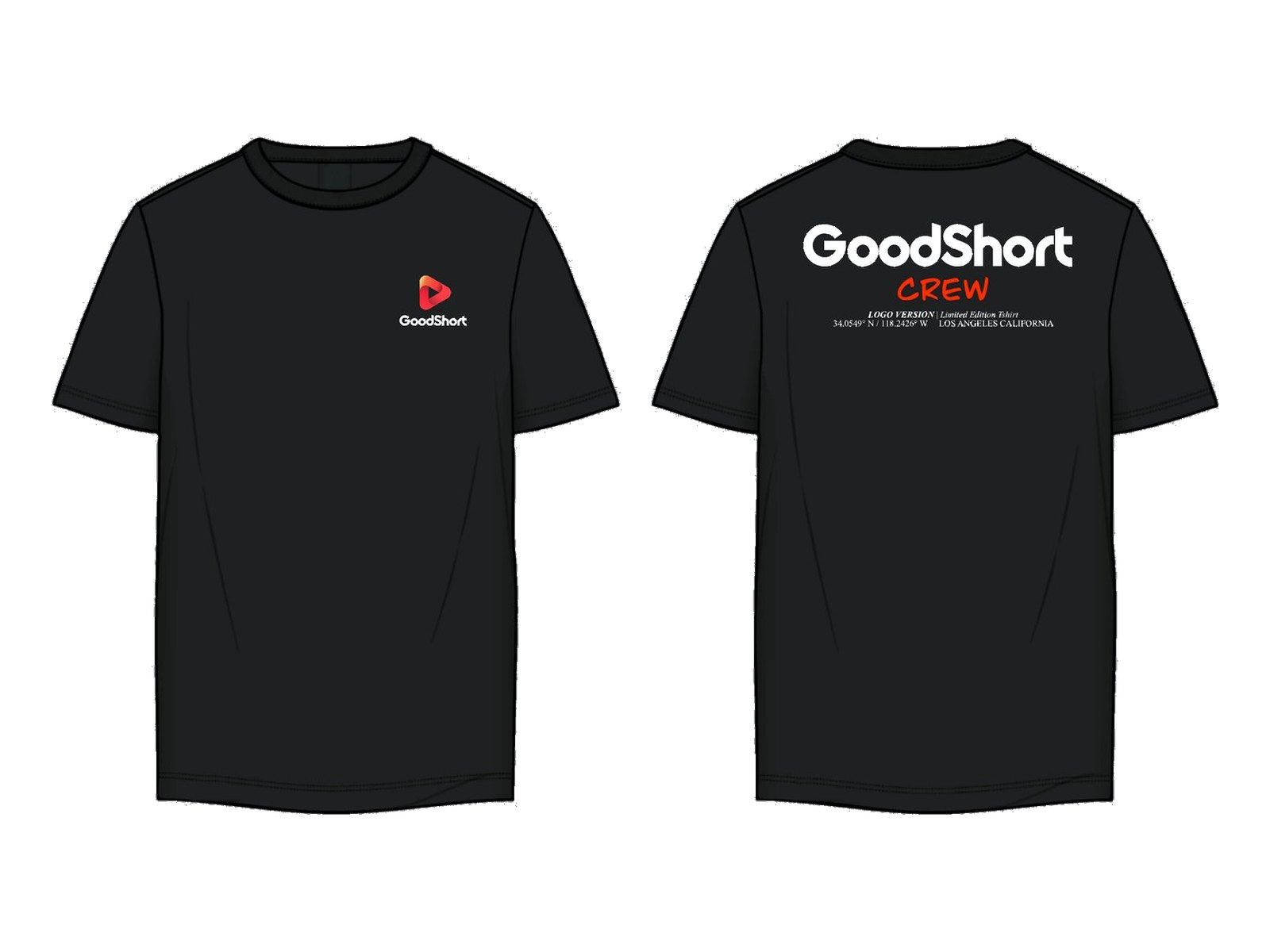Technical flat, crew tee, black, front and back