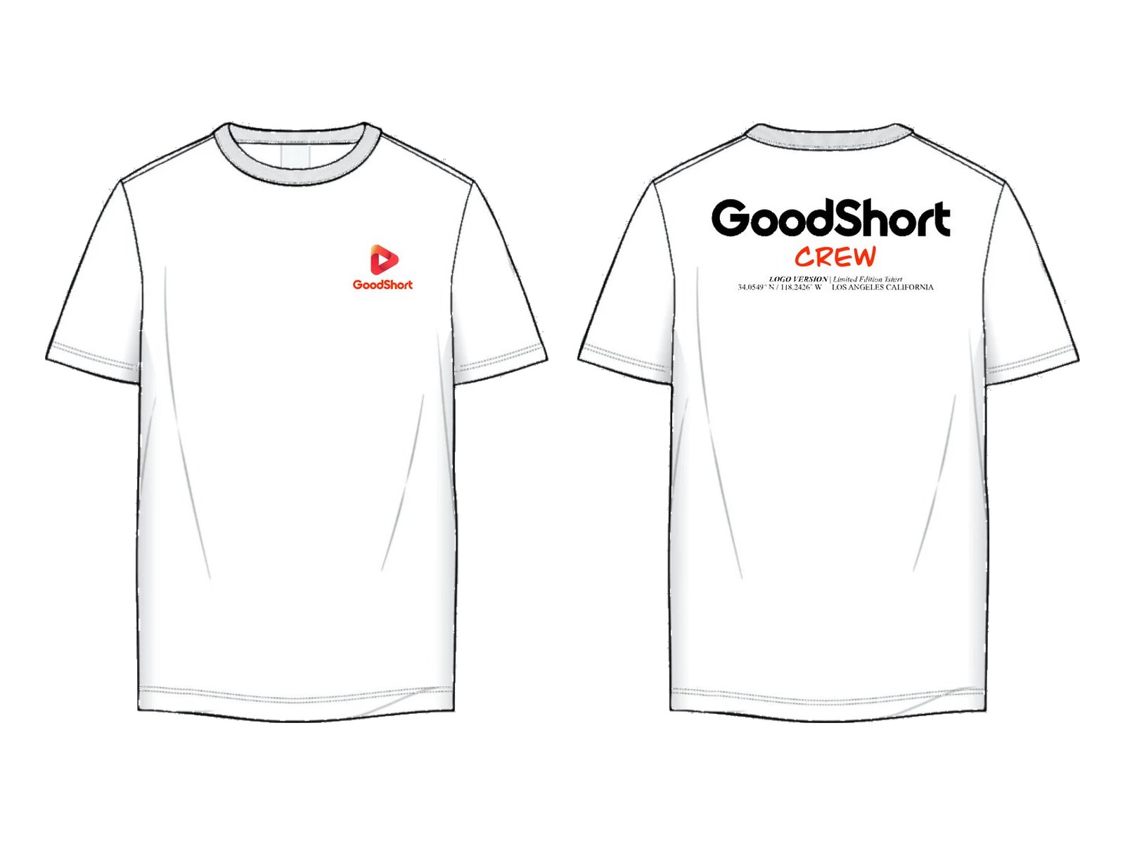 Technical flat, crew tee, white, front and back