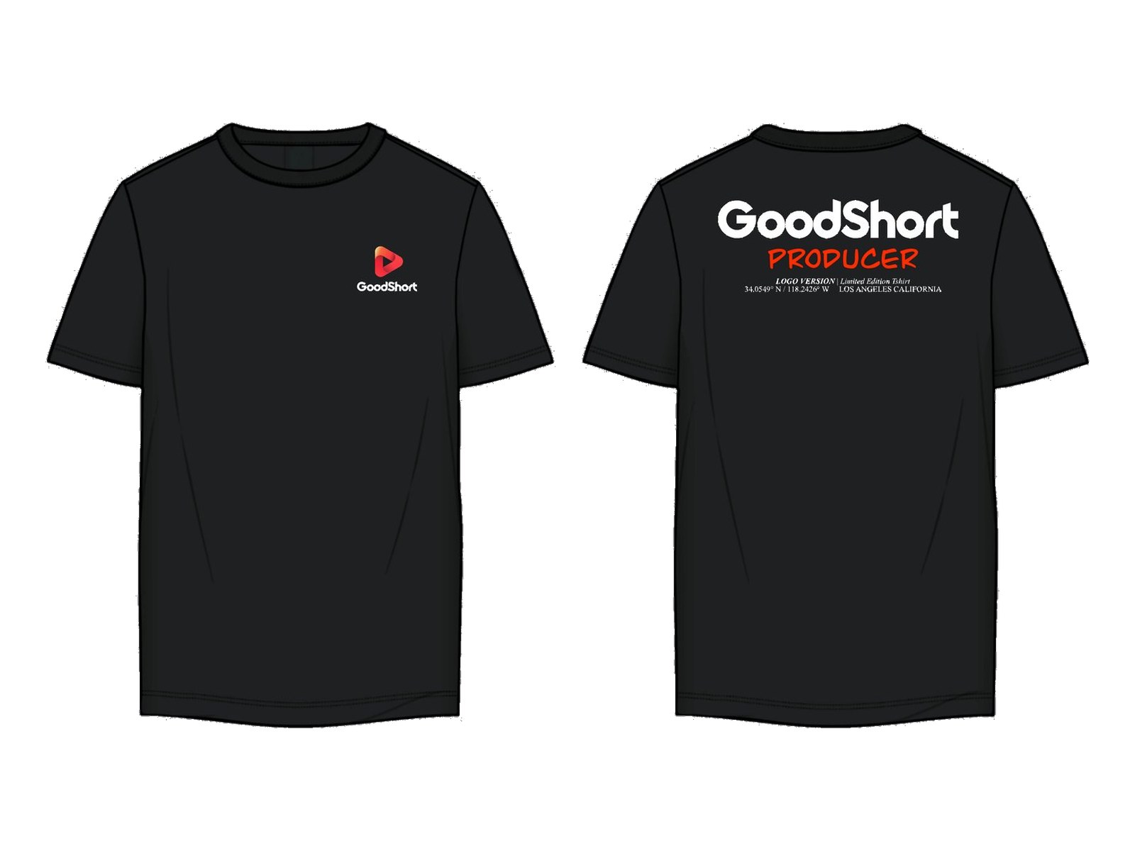 Technical flat, producer tee, black, front and back