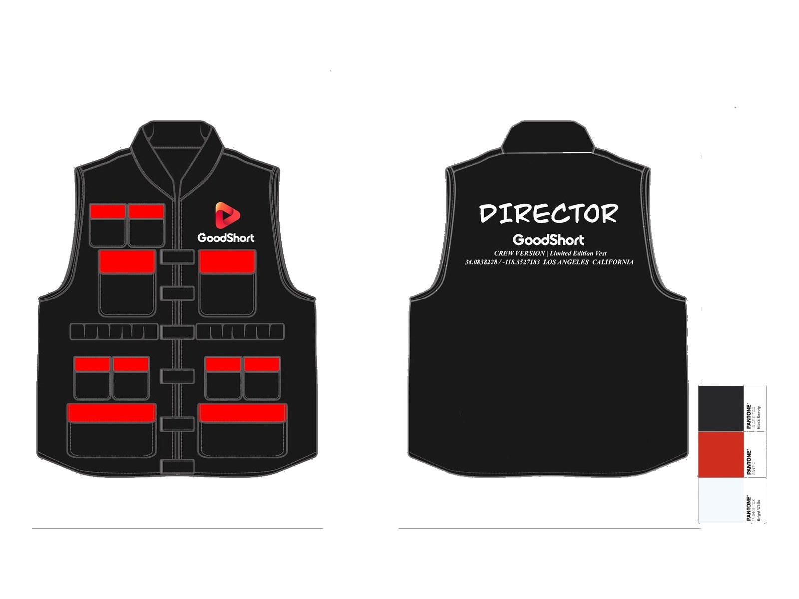 Technical flat of the director utility vest, variation 1, front and back with colourway chips