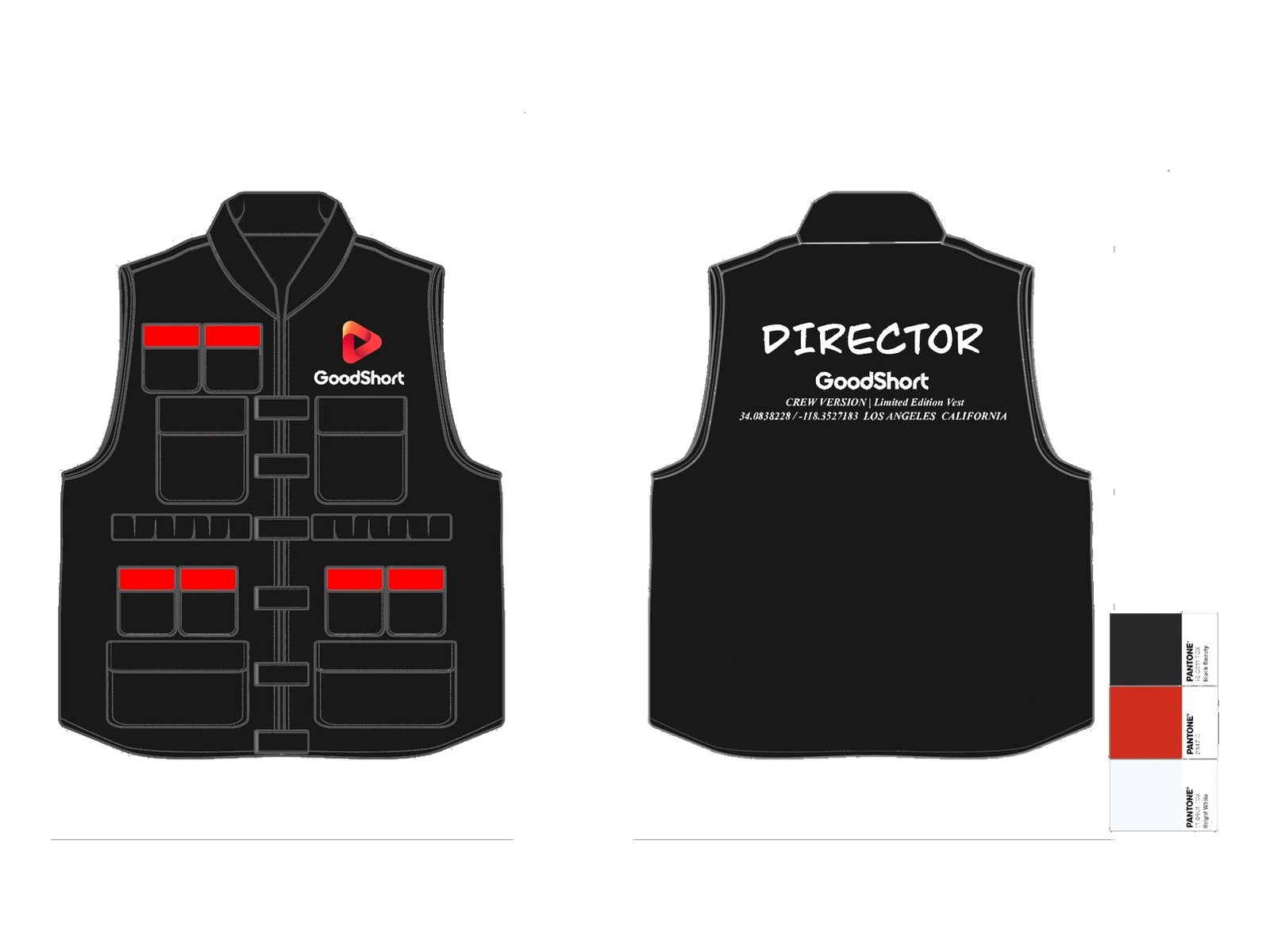 Technical flat of the director utility vest, variation 2, front and back with colourway chips