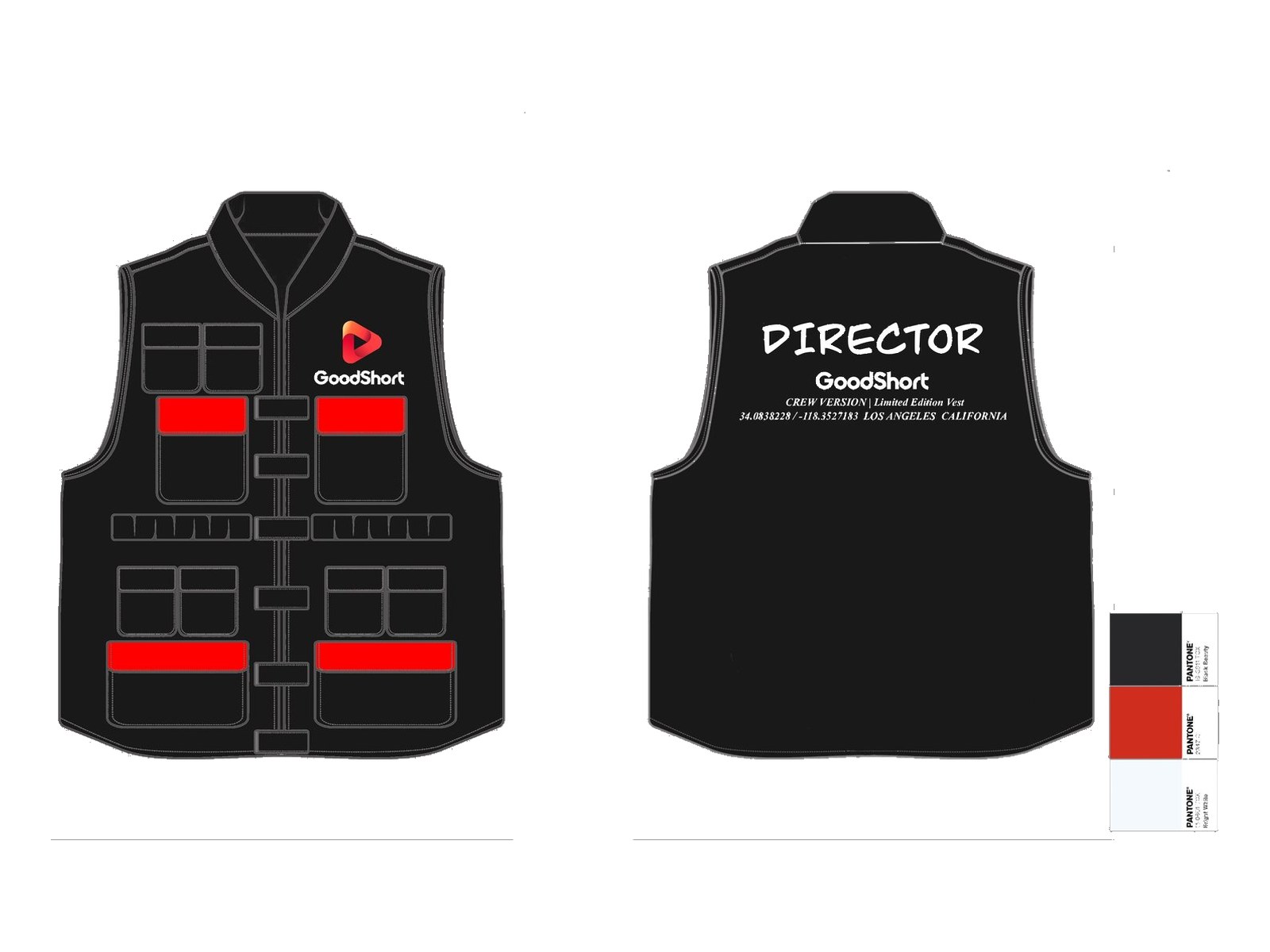 Technical flat of the director utility vest, variation 3, front and back with colourway chips