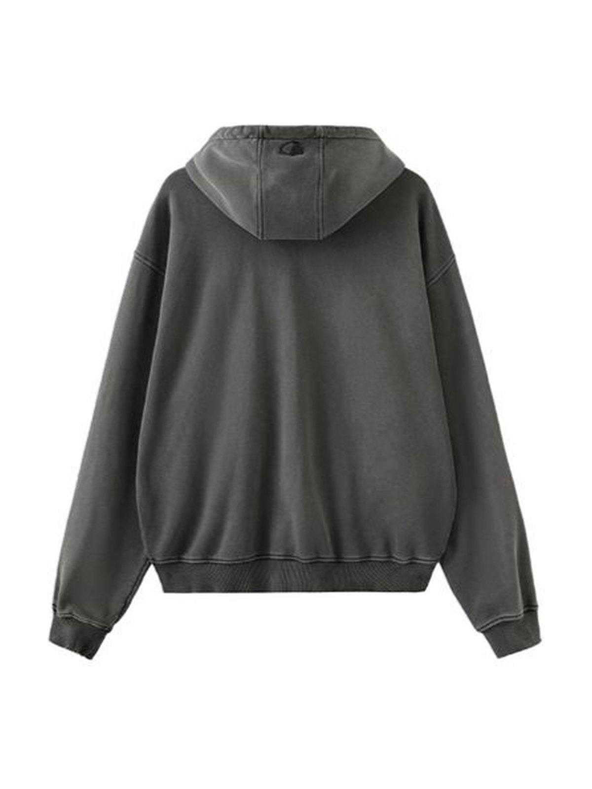 Product laydown of the graphite zip hoodie, back, showing the yoke seam and the hood from behind