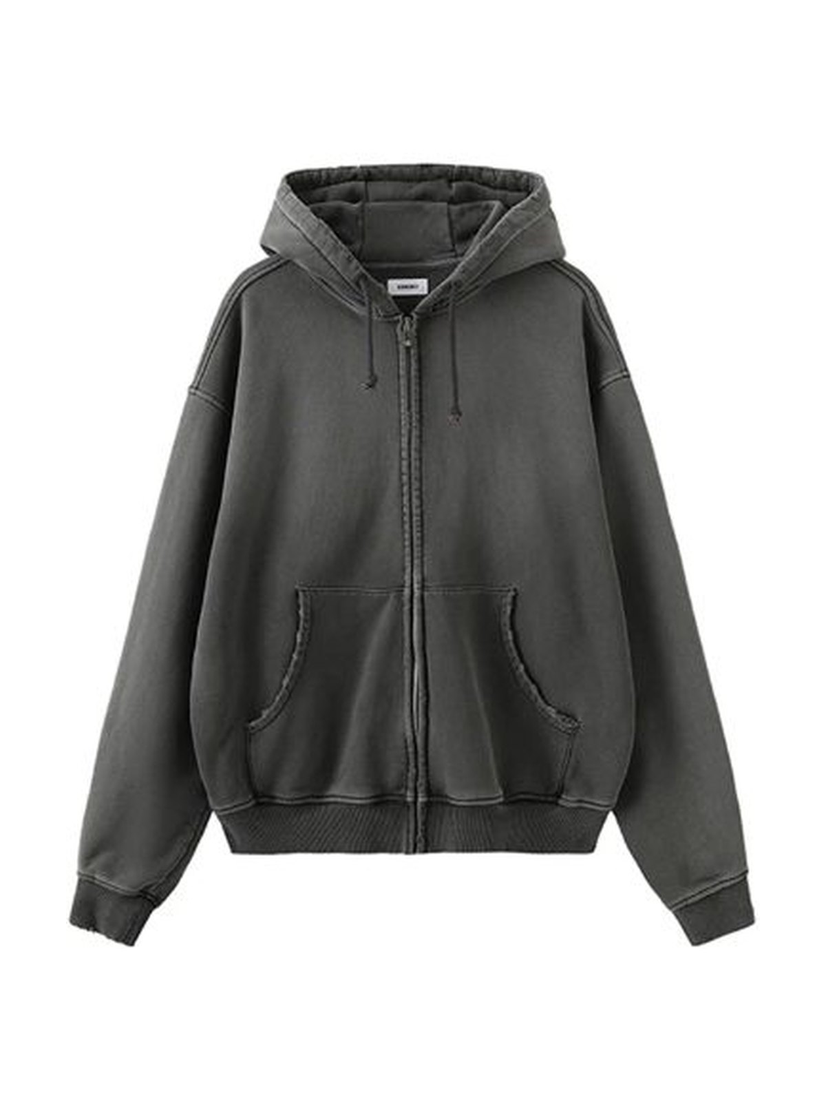 Product laydown of the graphite zip hoodie, front, showing the boxy body, curved patch pockets and centre-front zip