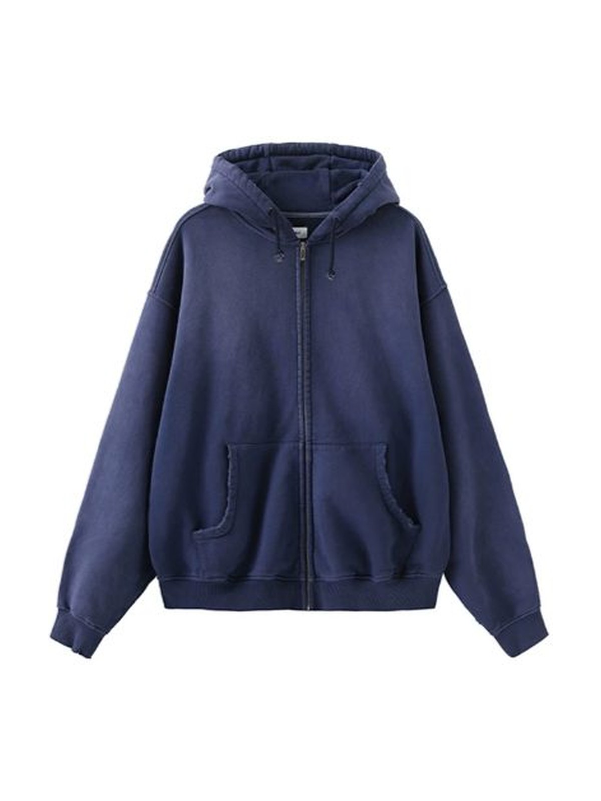 Product laydown of the navy zip hoodie, front