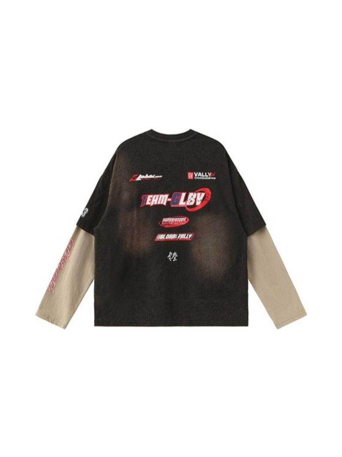 Product laydown of the layered-sleeve tee, back, showing the red and blue back print