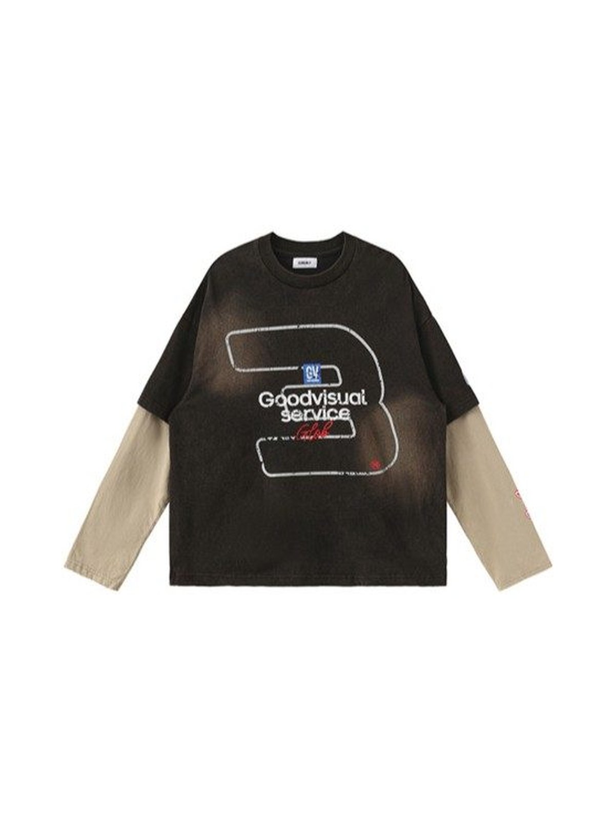 Product laydown of the layered-sleeve tee, front: washed black body with a large outlined graphic and contrast sand long sleeves