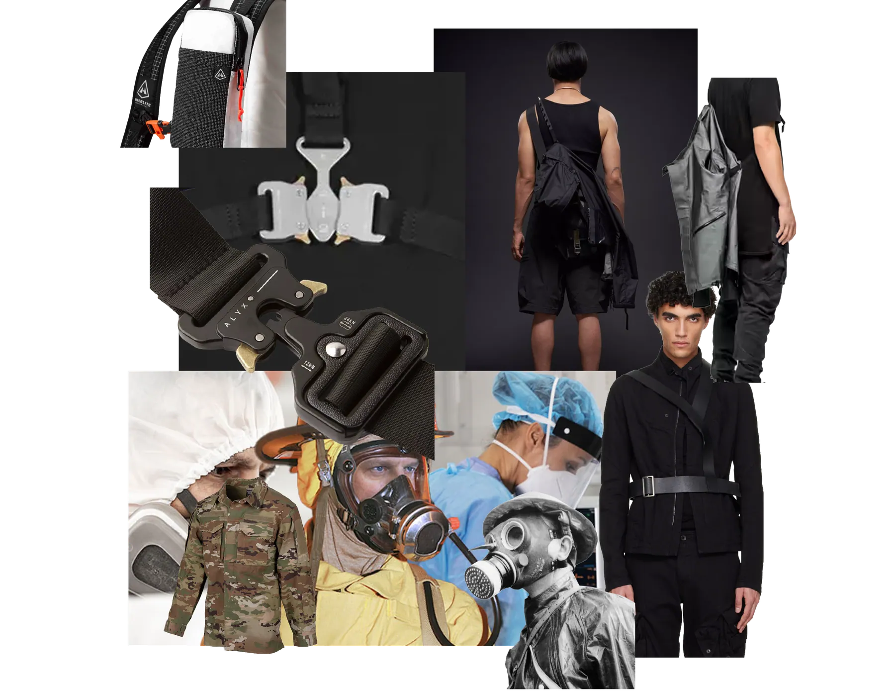 Board of technical apparel details, side-release buckles, harness webbing and respirator imagery