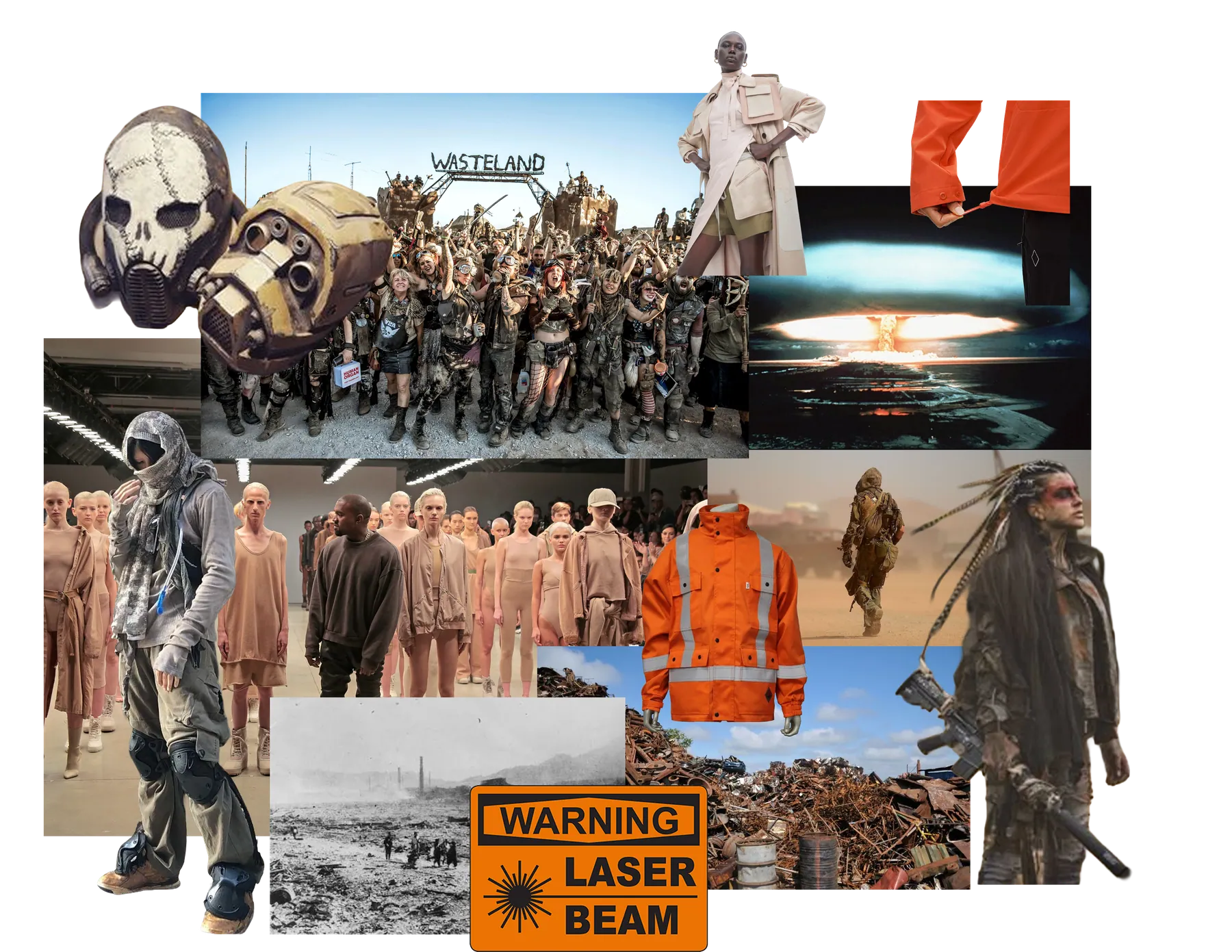 Research board of dust ochre, khaki and rust surplus imagery with two hi-vis work jackets