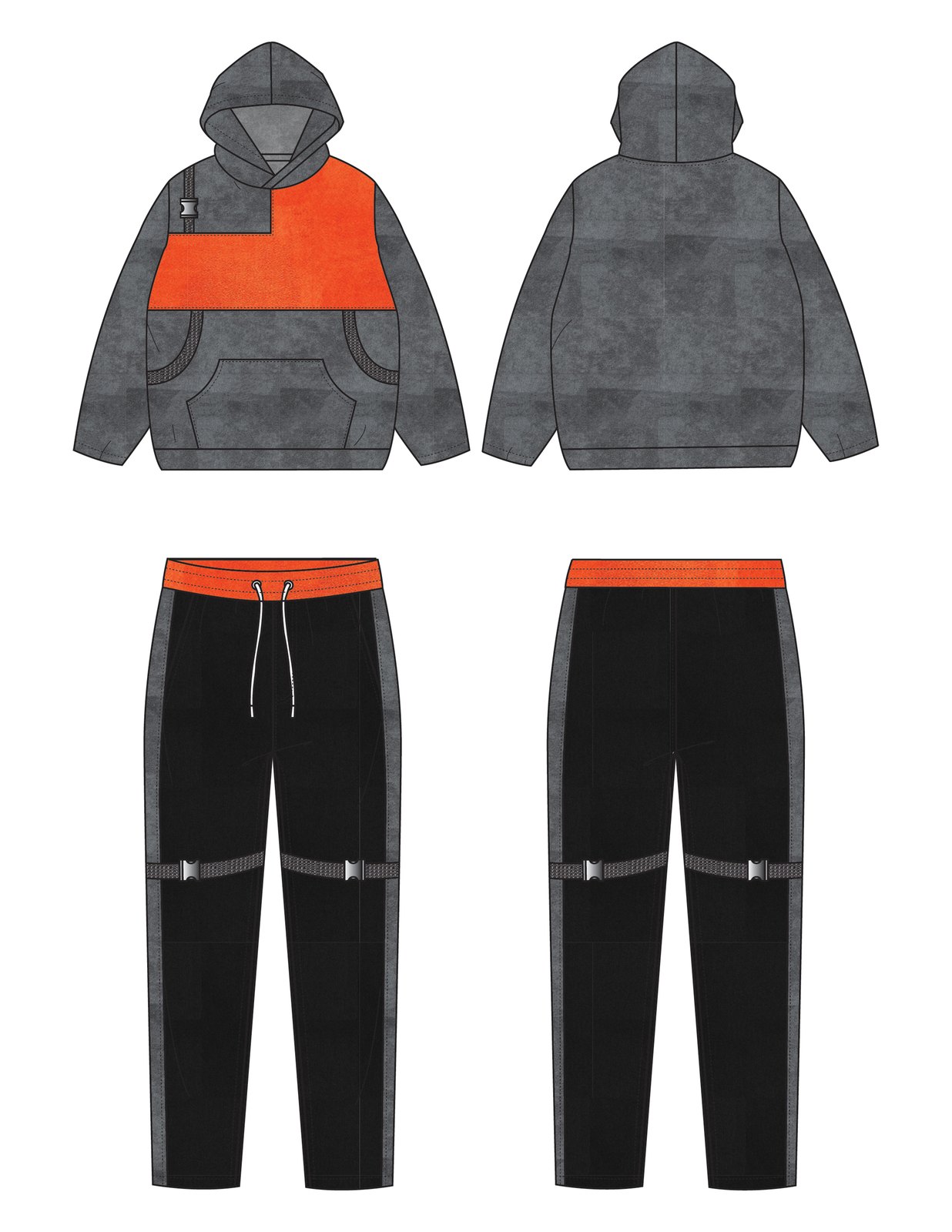 Technical flat of Set 01, Suede Hoodie with Straps, front and back of top and trouser