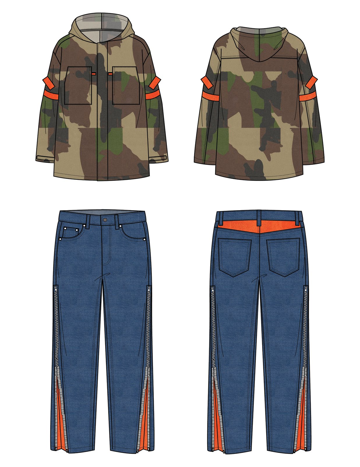Technical flat of Set 02, Camo Jacket with Shoulder-Belt, front and back of top and trouser