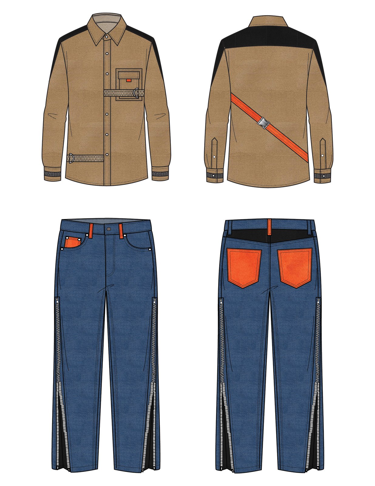 Technical flat of Set 03, Shirt with Crossbody Strap, front and back of top and trouser
