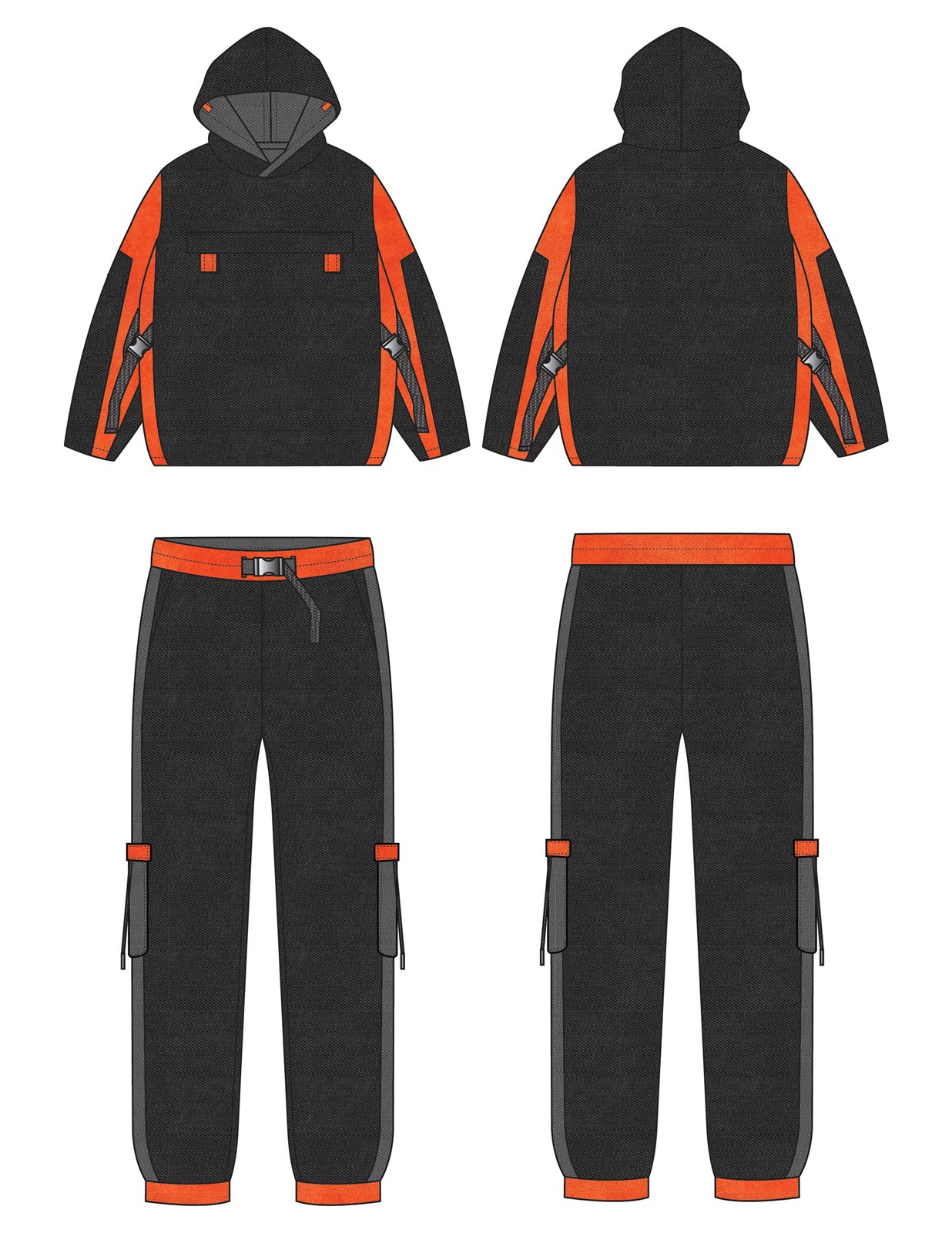 Technical flat of Set 04, Waterproof Jacket with Straps, front and back of top and trouser