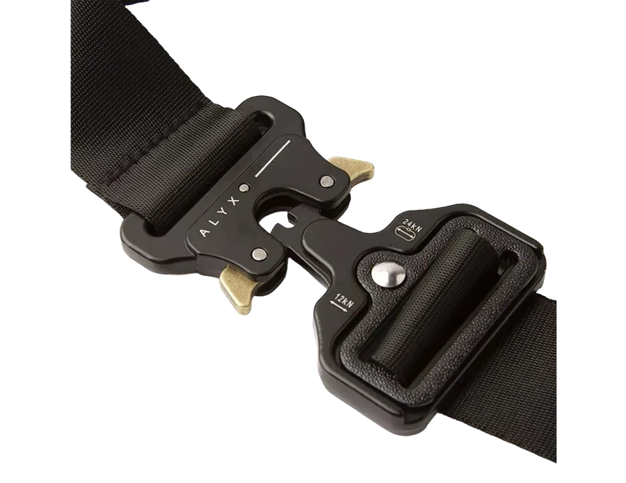 The Alyx rollercoaster buckle on a webbing belt