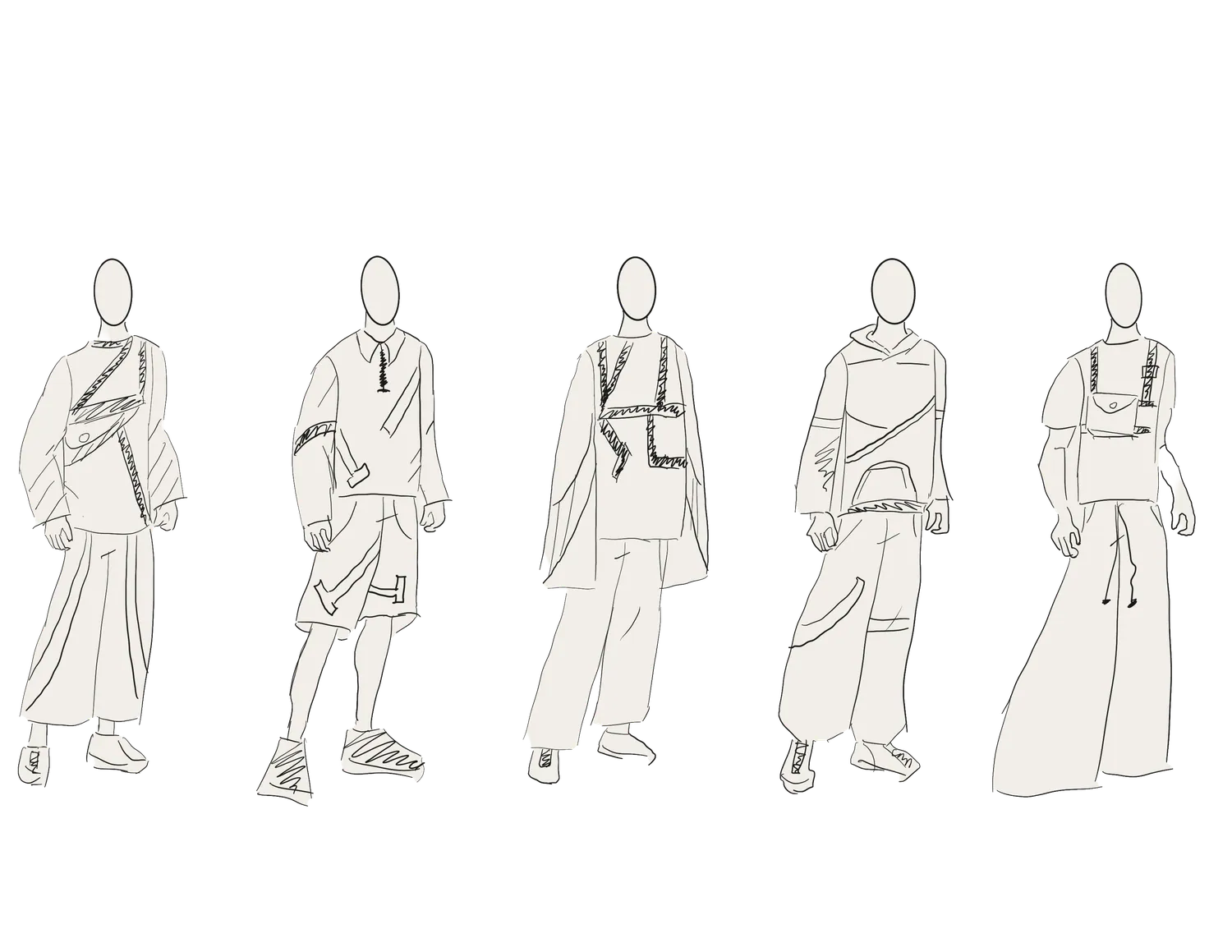 First rough line-up, five figures drawn in outline