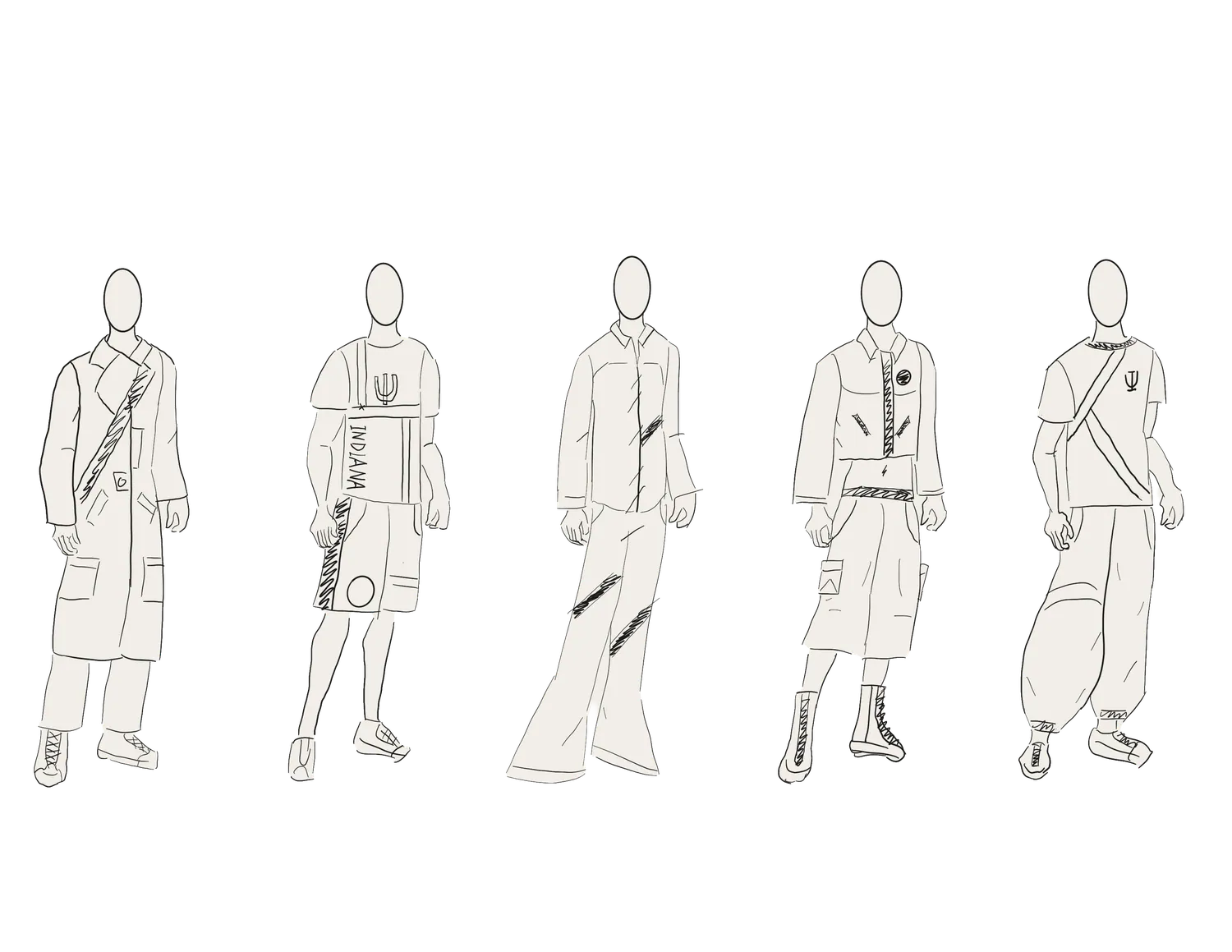 Second rough line-up, five figures drawn in outline