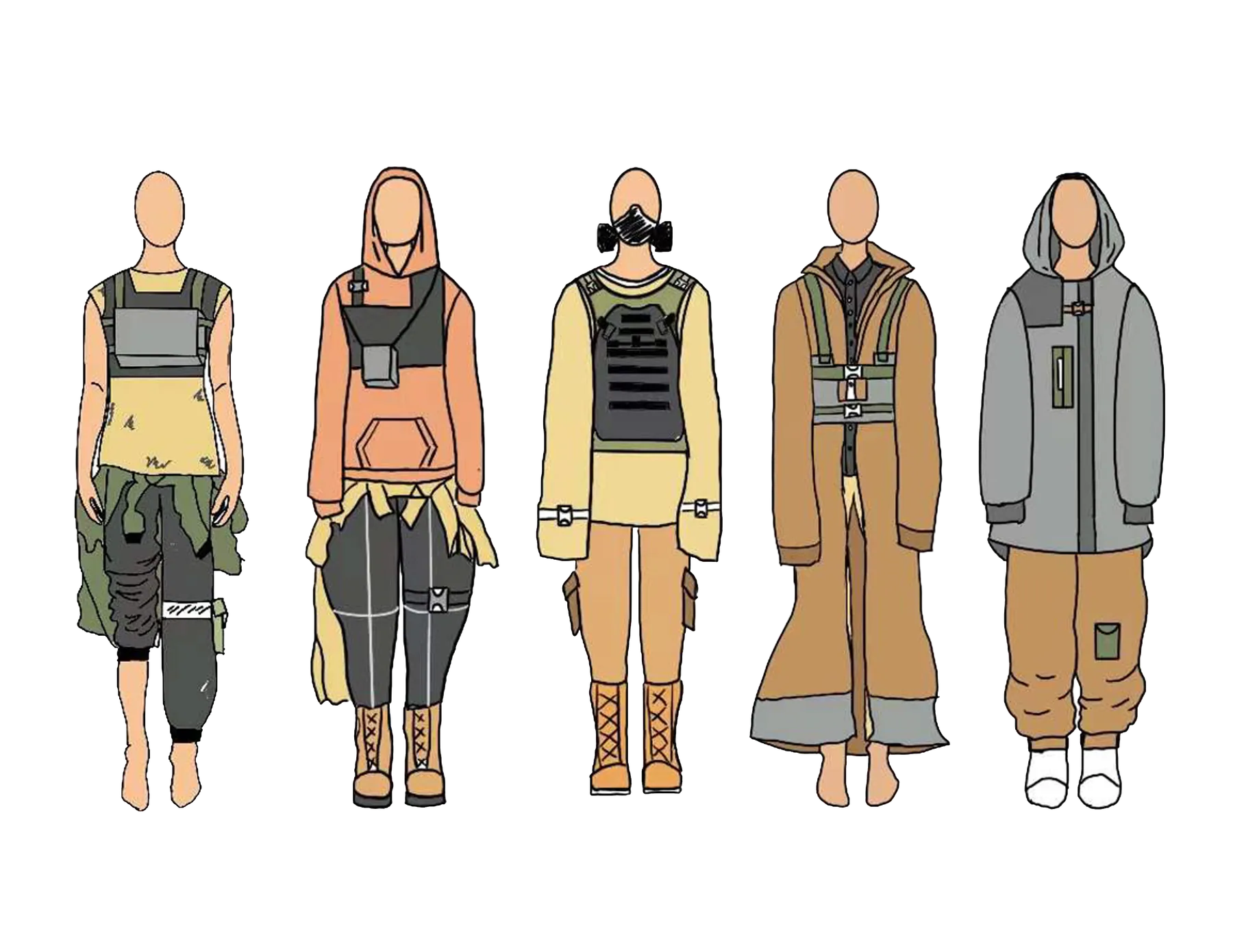 Five-figure line-up sketch, three built looks and two that were cut