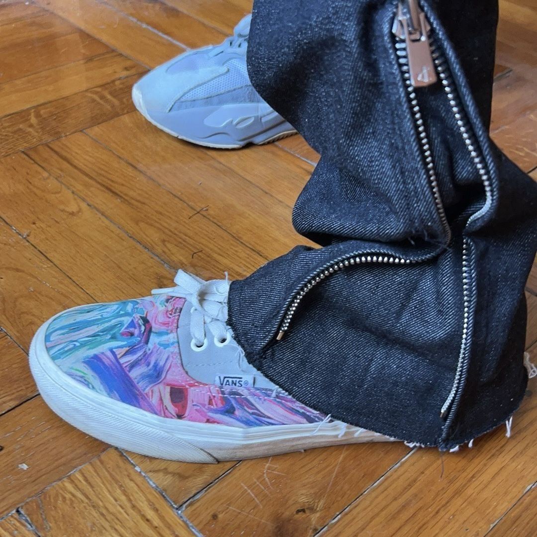 Outseam zip at the ankle, opened out