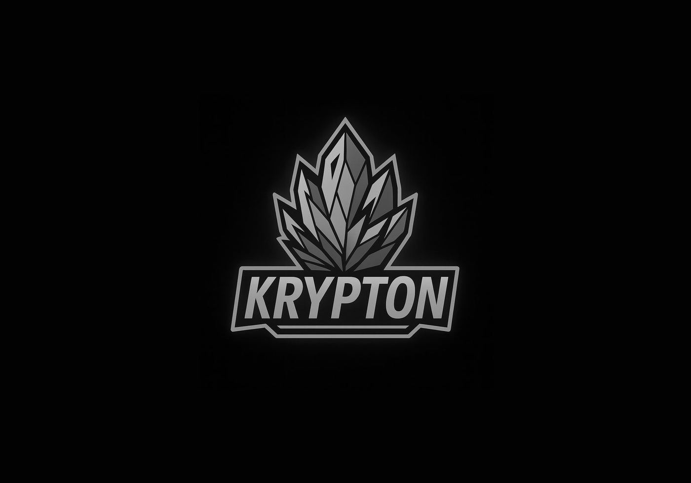 Krypton emblem: a crystal cluster above a banner holding the wordmark, rendered in metallic grey on black